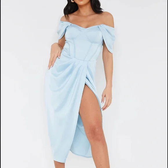 PrettyLittleThing | Dresses | Baby Blue Corset Draped Bardot Midi Dress |  Poshmark